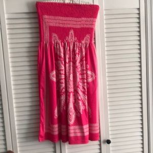 Bright Pink Sundress. White design. Strapless, 100% Polyester. XL